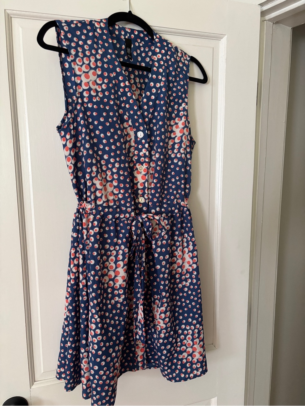 ezra Navy Dress with White and Coral Dot Print